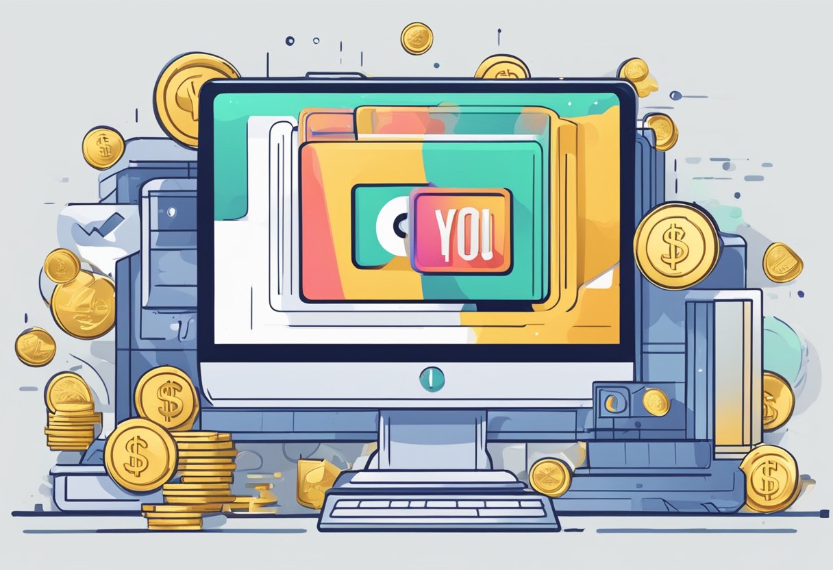 A computer with YouTube Shorts and InVideo logos, surrounded by dollar signs and coins, symbolizing monetization strategies