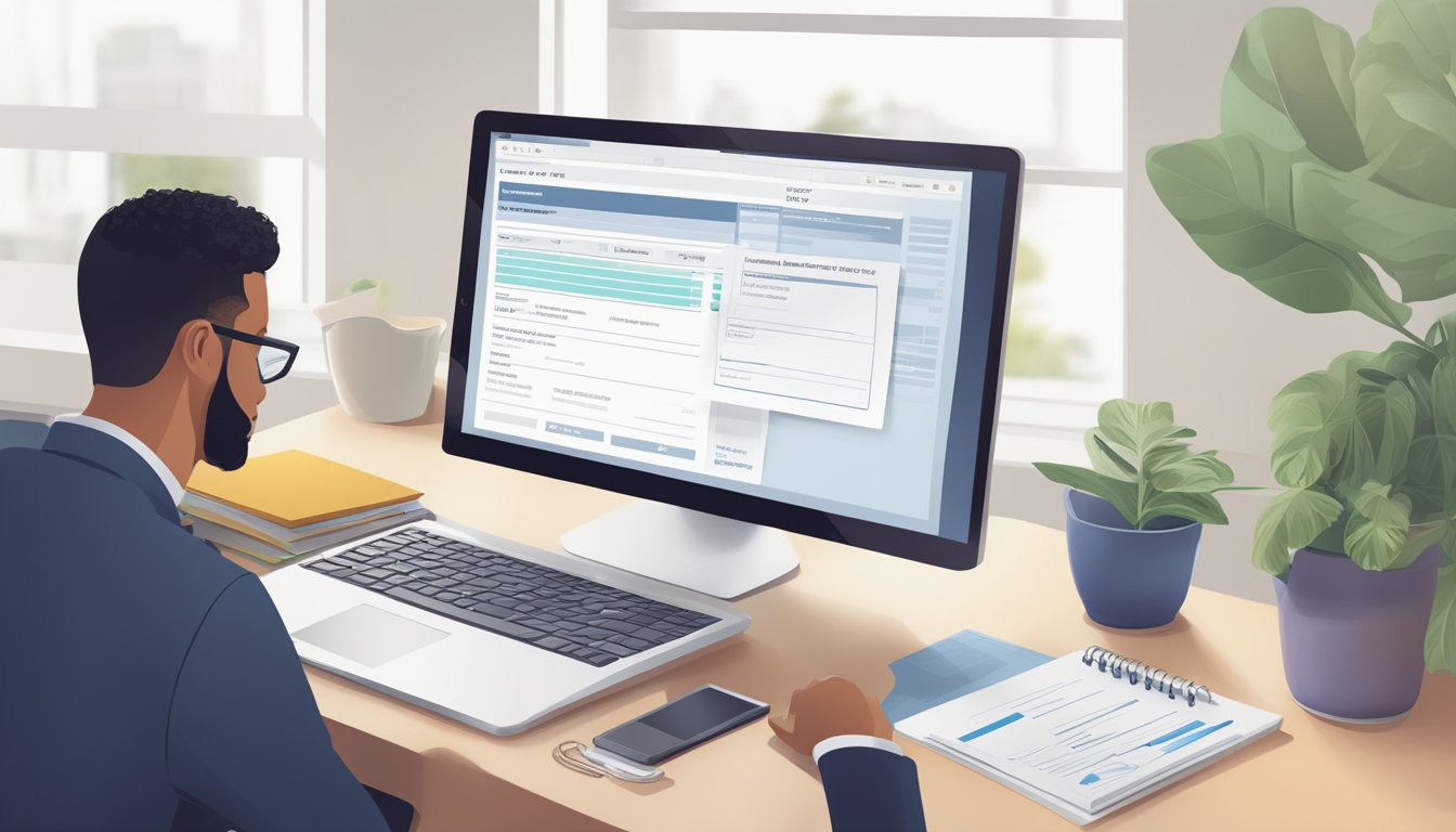A person filling out a loan application form on a computer, with a list of loan features and tracking details visible on the screen