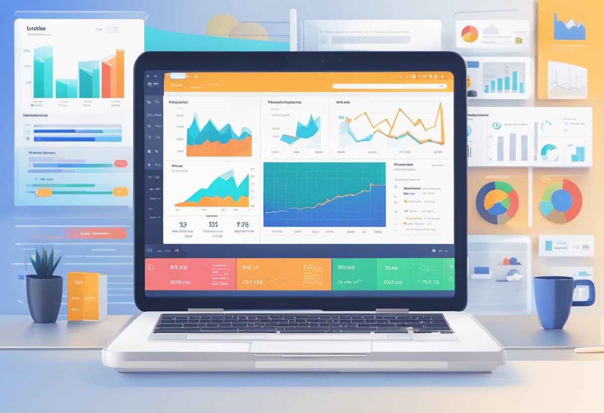 A laptop with Youtube Shorts and InVideo open, showing analytics and revenue graphs