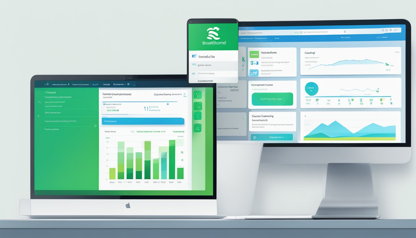 A computer screen displaying the Standard Chartered logo, with a progress bar indicating personal loan tracking. A checklist of frequently asked questions is visible on the side