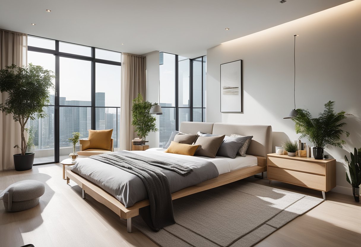 A spacious and modern BTO interior with clean lines, neutral colors, and minimalist furniture. Natural light floods the room, creating a warm and inviting atmosphere