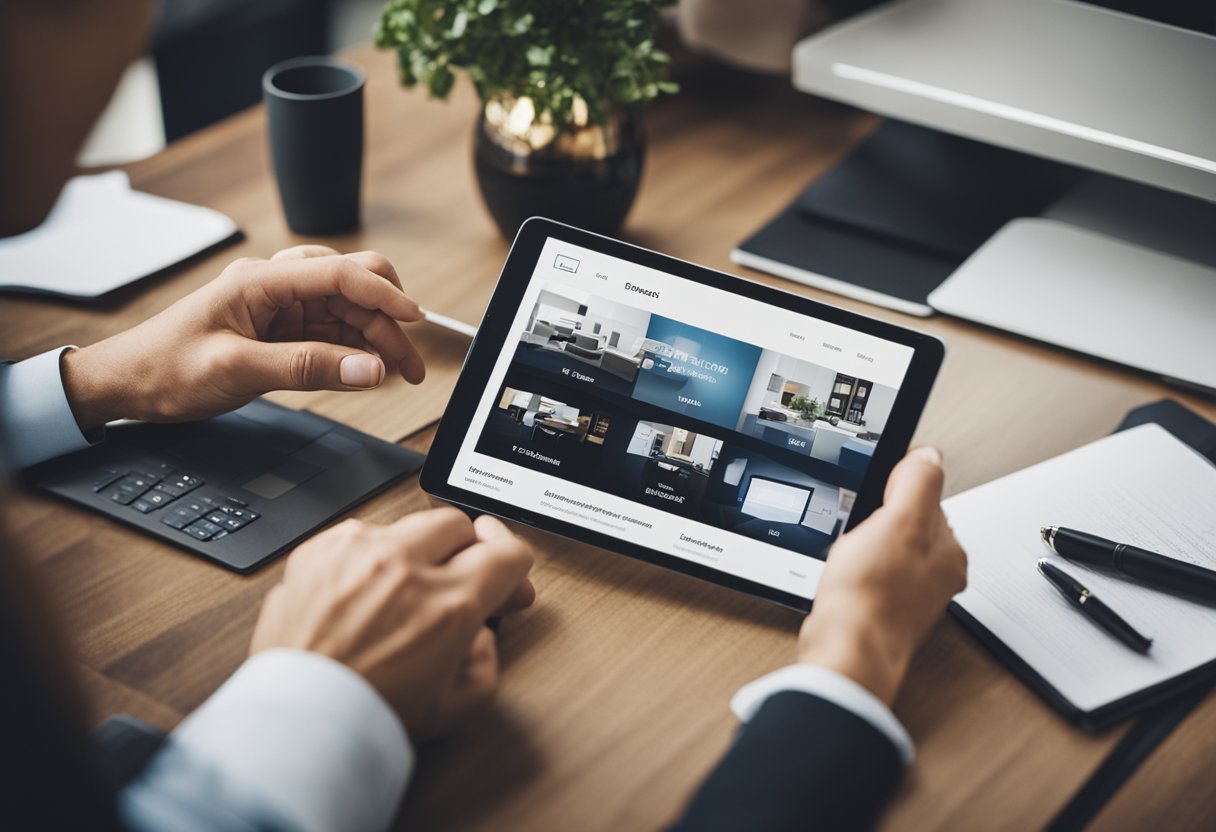 An individual browsing through a variety of interior design portfolios and discussing their preferences with a potential interior designer