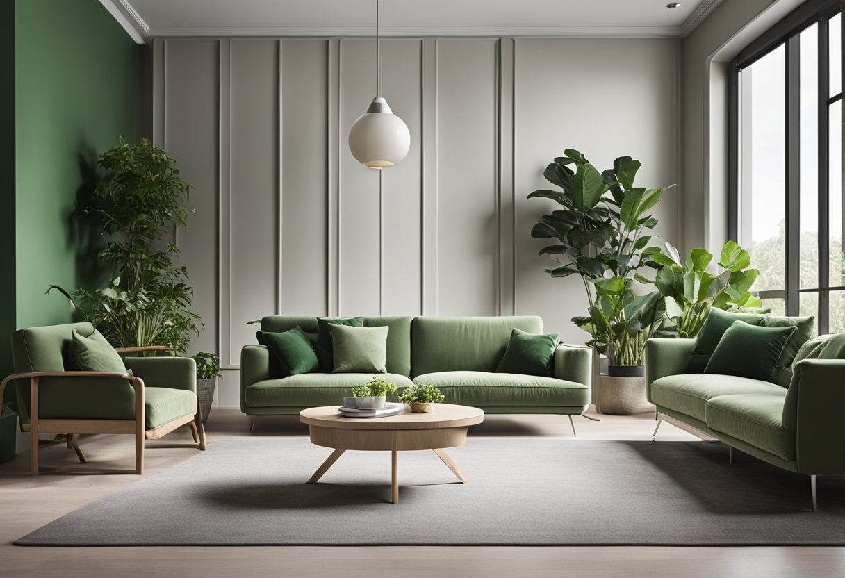A spacious living room with sleek furniture, large windows, and minimal decor. The color scheme is neutral with pops of green from indoor plants