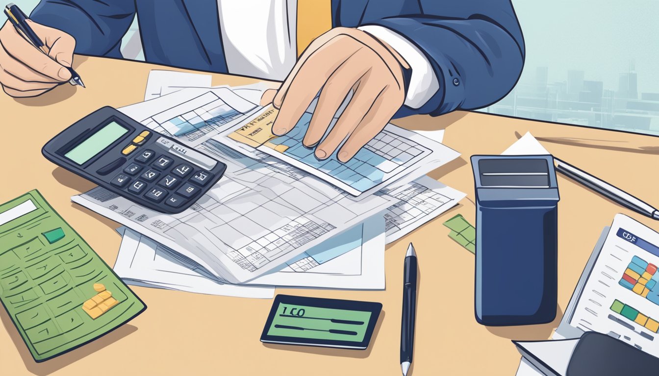 A person checking their financial documents, with a UOB logo in the background, and a calculator on the table