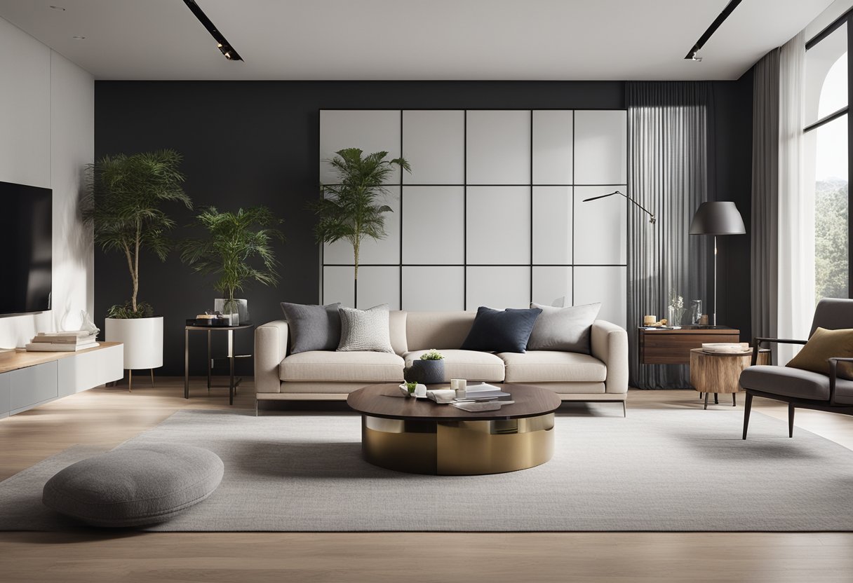 A spacious, modern living room with a minimalist color palette, natural lighting, and sleek furniture arranged in a balanced and inviting layout