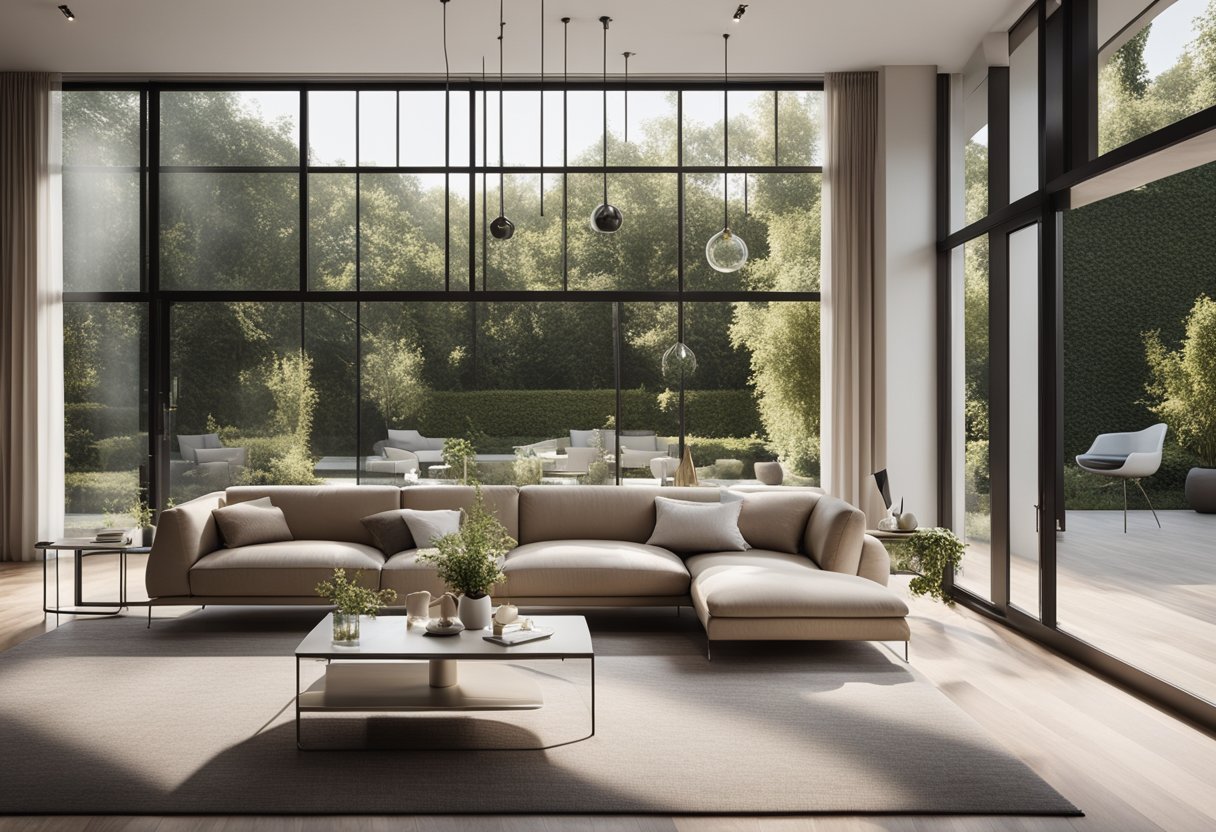 A modern living room with sleek furniture, neutral tones, and large windows overlooking a garden. The space is well-lit and features minimalist decor