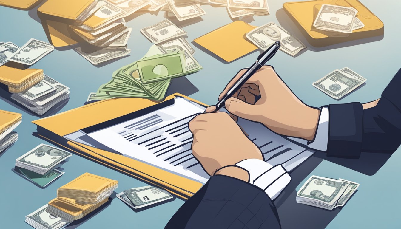 A person signing a document with a pen, surrounded by images of credit cards and money, representing the concept of credit culture and personal loans