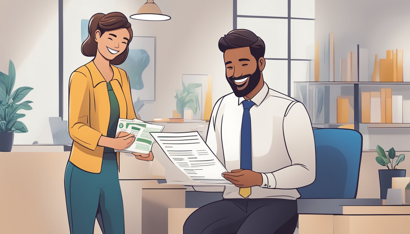 A person receiving a loan approval letter with a smile, while a bank representative explains the features and benefits of the UOB personal loan