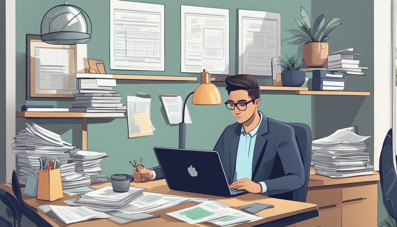 A person sits at a desk, surrounded by financial documents and a laptop. They appear focused and determined as they research personal loans and credit culture