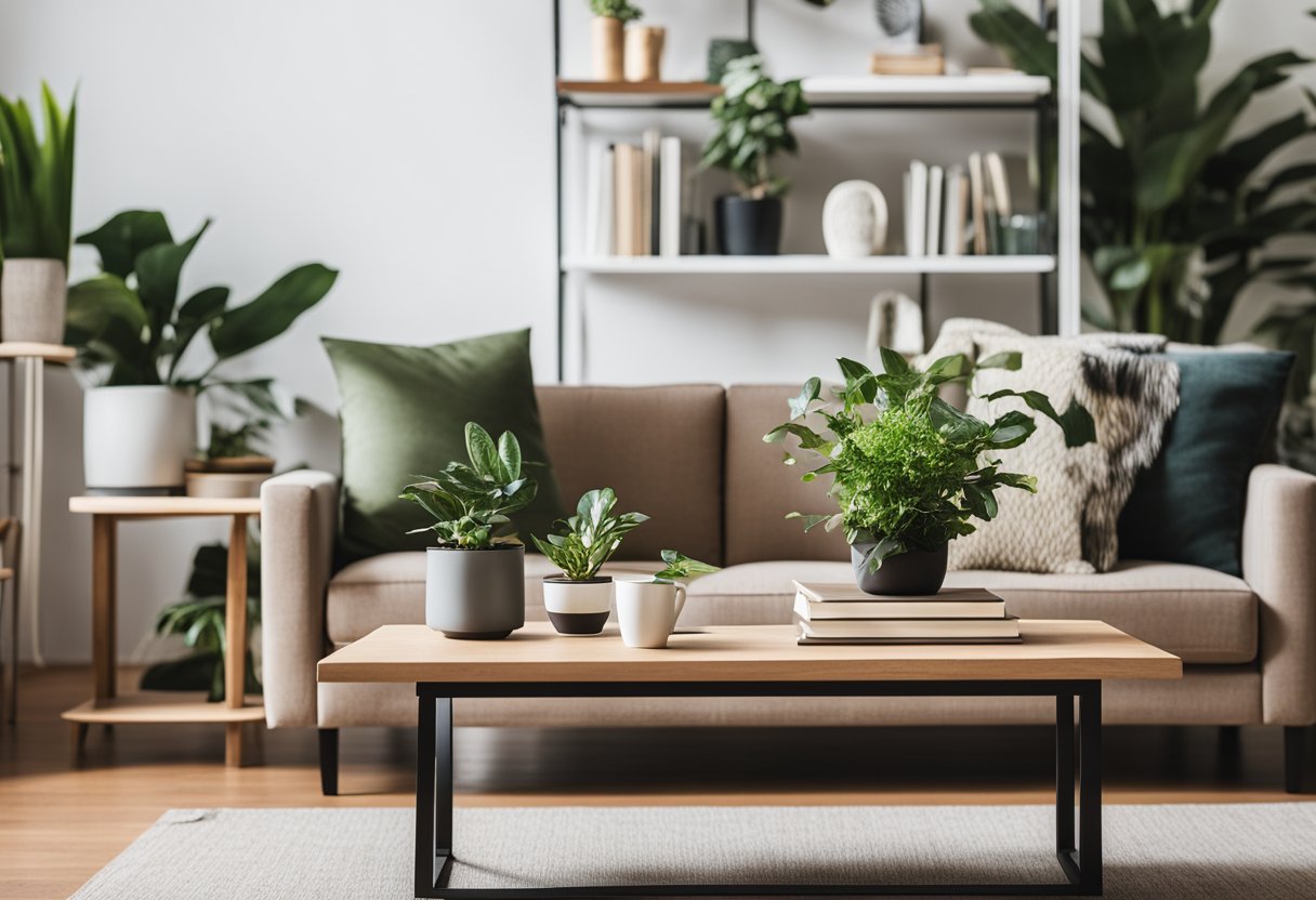 A cozy living room with a modern sofa, coffee table, and plants. A bookshelf filled with design books and a laptop open to an interior design FAQ page
