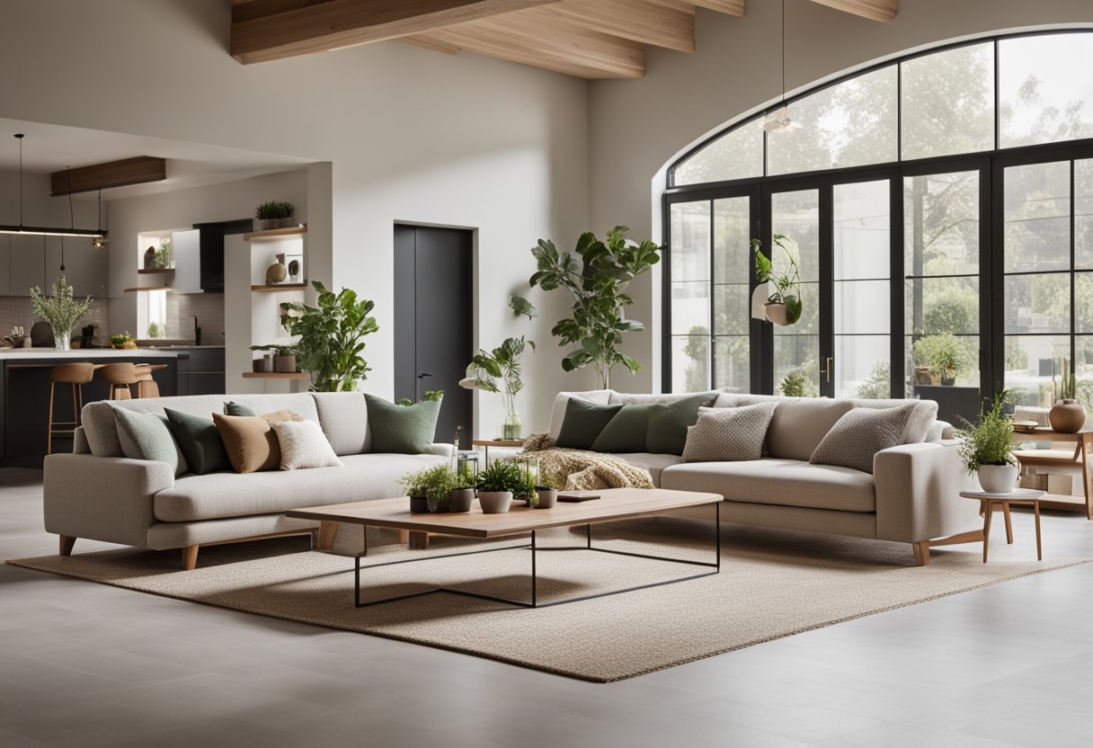 A spacious living room with clean lines, natural materials, and plenty of natural light. A neutral color palette with pops of greenery and earthy tones. Open floor plan with minimalistic furniture and cozy textiles