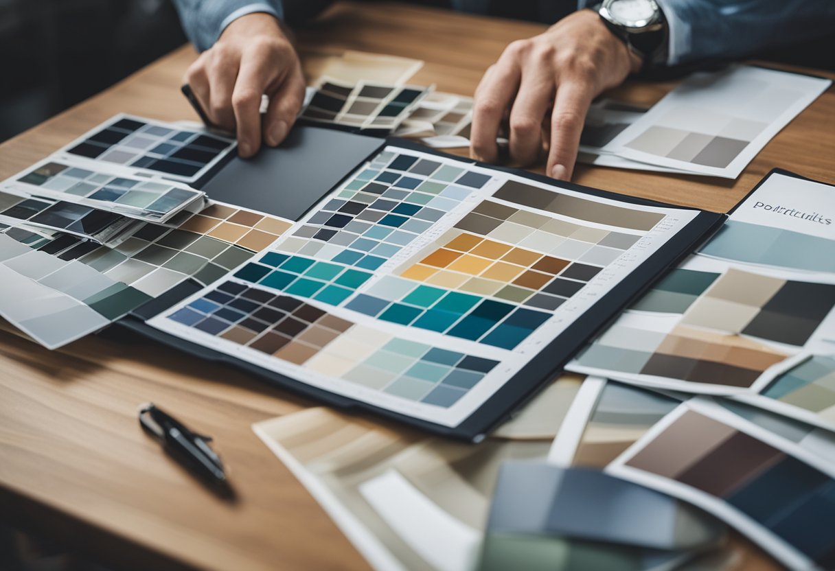 A person browsing through portfolios, swatches, and design samples to choose an interior designer