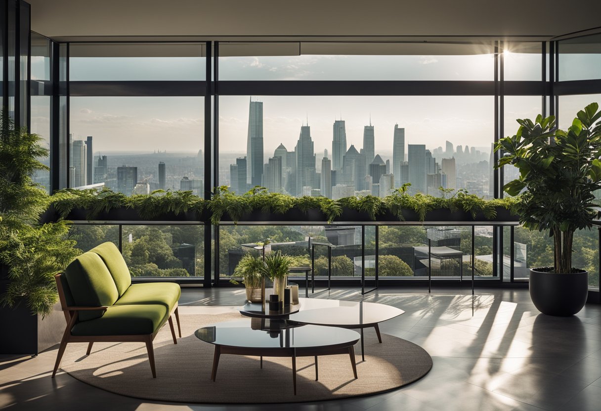 The terrace's interior design features modern furniture, lush green plants, and a panoramic view of the city skyline