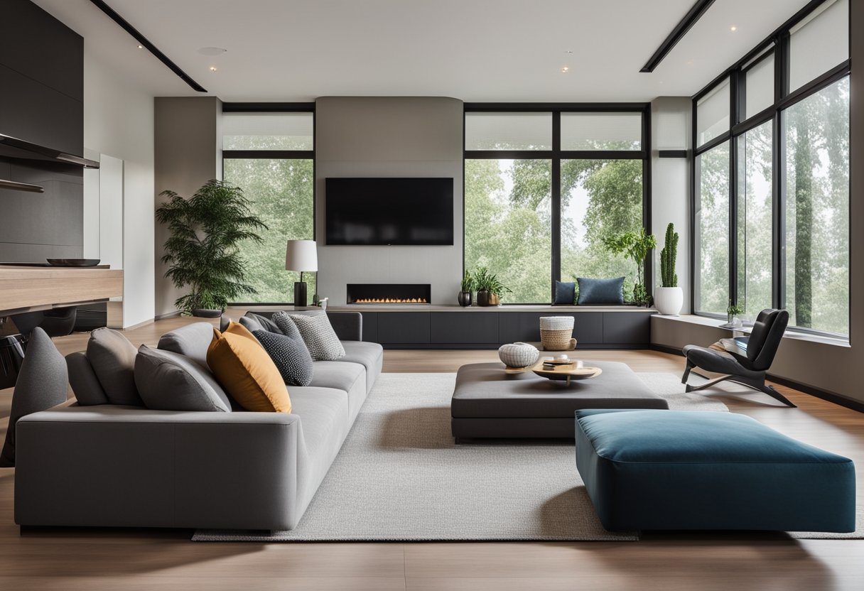A cozy living room with modern furniture and a large window, showcasing the use of the Enhancing Your Design Experience house interior design software