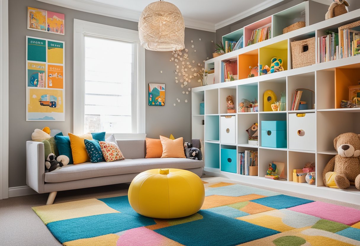 Colorful playroom with a cozy reading nook, toy storage, and whimsical wall decals. Bright, cheerful decor with soft, comfortable seating and a vibrant rug
