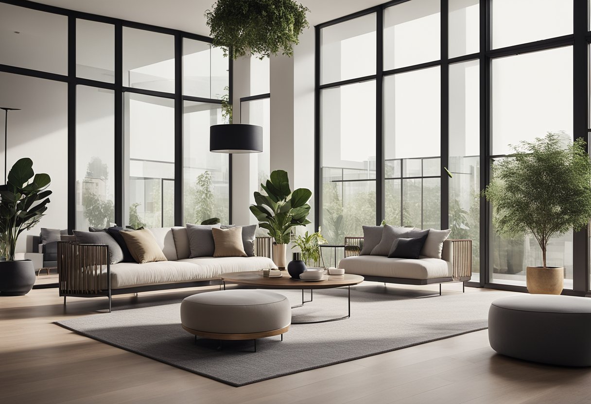 A modern, elegant living room with sleek furniture and stylish decor. Large windows let in natural light, showcasing the beautiful view from The Terrace EC