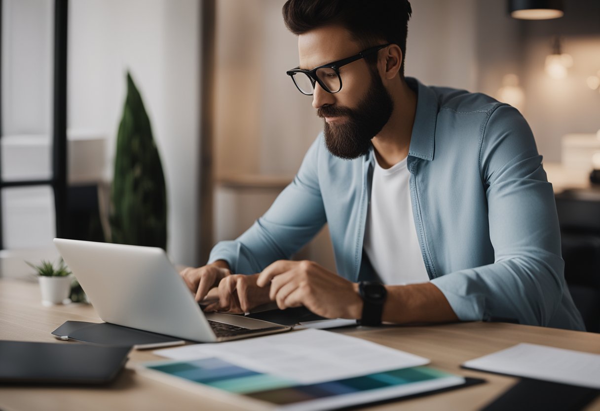 A person scrolling through a list of interior designers, with a laptop and notebook on a modern desk. A mood board and color swatches are pinned on the wall