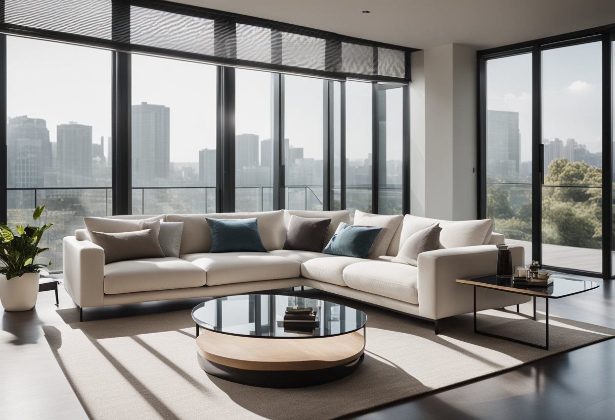 A modern, minimalist living room with a sleek, white sofa, a glass coffee table, and large windows letting in natural light