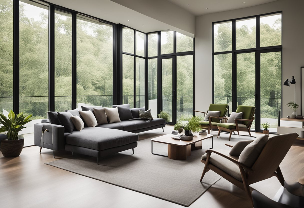 A modern, spacious living room with natural light, sleek furniture, and a cozy atmosphere. A balcony overlooks a lush, green landscape, creating a serene and inviting space for relaxation and entertainment