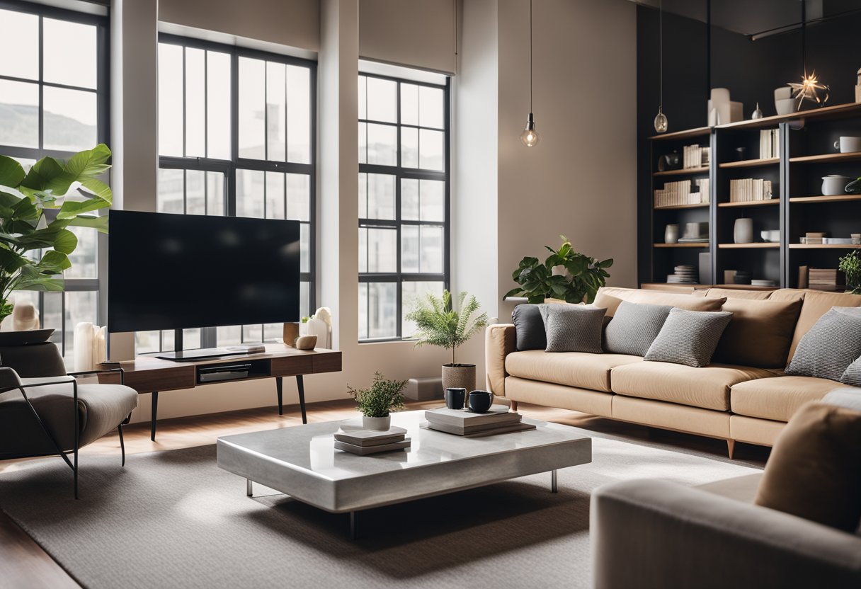A modern living room with a computer displaying interior design software, a comfortable sofa, and a stylish coffee table. Bright natural light streams in through large windows, illuminating the space