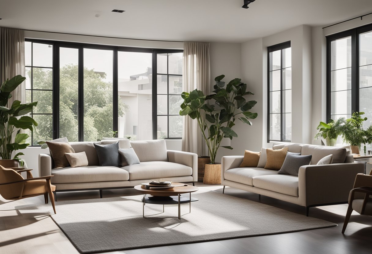 A spacious living room with large windows, natural light, minimalist furniture, and indoor plants. Clean lines, neutral colors, and a sense of openness