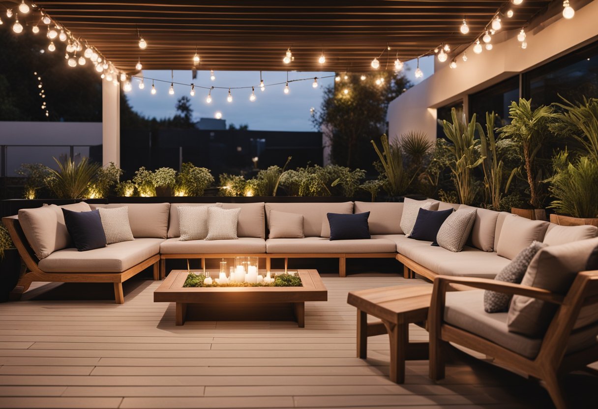 A modern, stylish terrace with cozy seating, vibrant plants, and elegant lighting. Clean lines and natural materials create a welcoming, sophisticated atmosphere