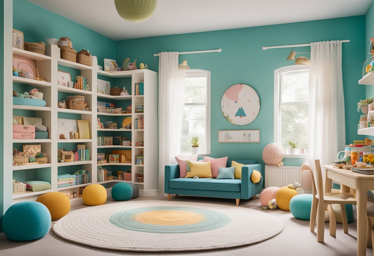 A colorful playroom with soft rugs, low shelves, and a small table for crafts. Bright, whimsical wall art and a cozy reading nook complete the space