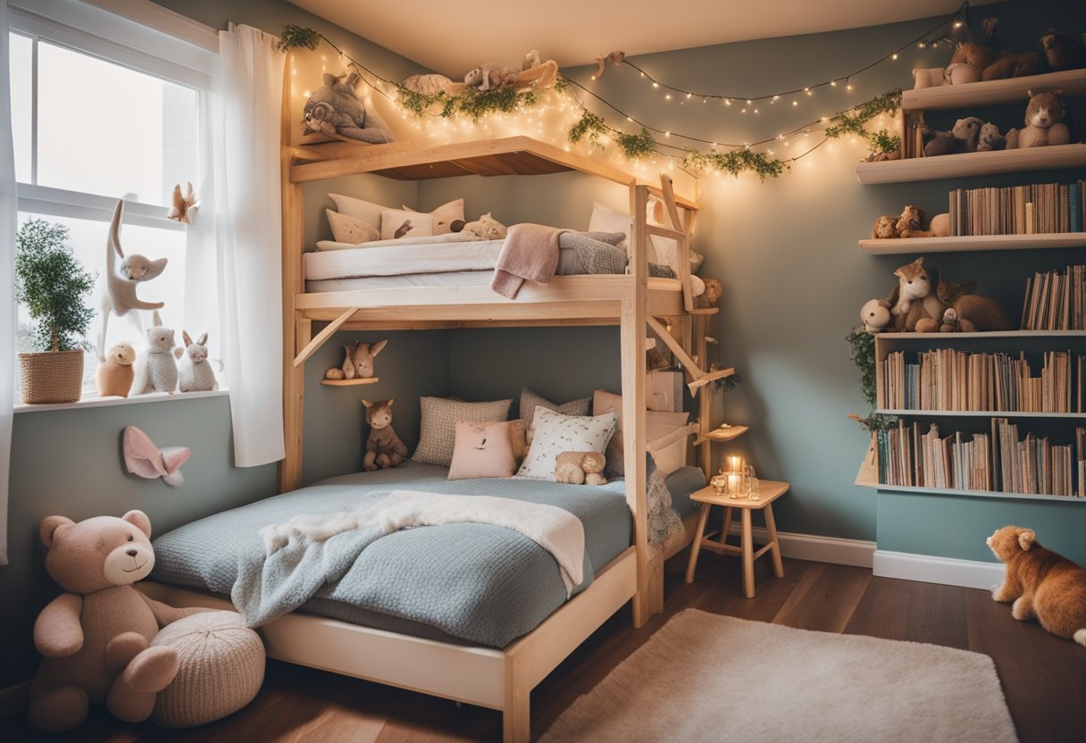 A cozy, whimsical bedroom with a treehouse bed, soft pastel colors, and fairy lights. Books and toys are neatly organized on shelves, and a playful mural of animals adorns the wall