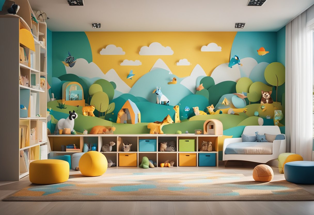 A colorful playroom with shelves of toys, a cozy reading nook, and a vibrant mural of animals and shapes on the wall