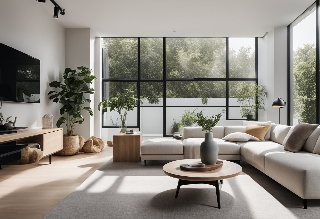 A sleek, minimalist living room with clean lines, neutral colors, and natural materials. A large window lets in plenty of natural light, illuminating the modern decor