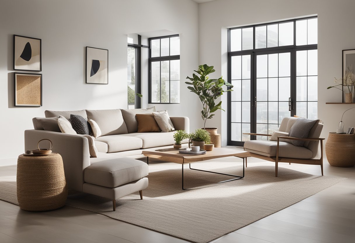 A bright, minimalist living room with clean lines, natural materials, and pops of muted colors. A large window allows natural light to fill the space, creating a warm and inviting atmosphere