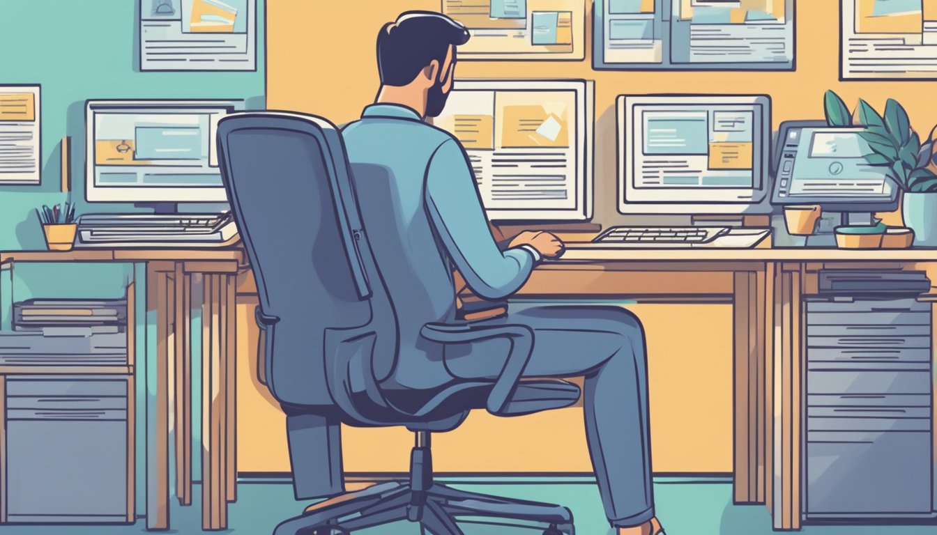 A person sitting at a computer, typing in "personal loan" into a search engine. A list of options for personal loans pops up on the screen