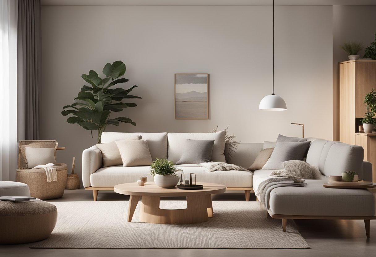 A cozy living room with minimalist furniture, clean lines, and light, neutral colors. Natural materials like wood and stone are used throughout, creating a sense of warmth and simplicity