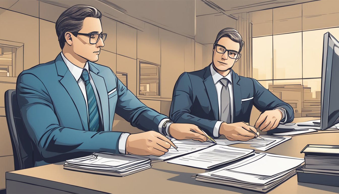 A person sitting at a desk, filling out paperwork with a bank officer. The officer is explaining the terms of the personal loan while the person nods attentively