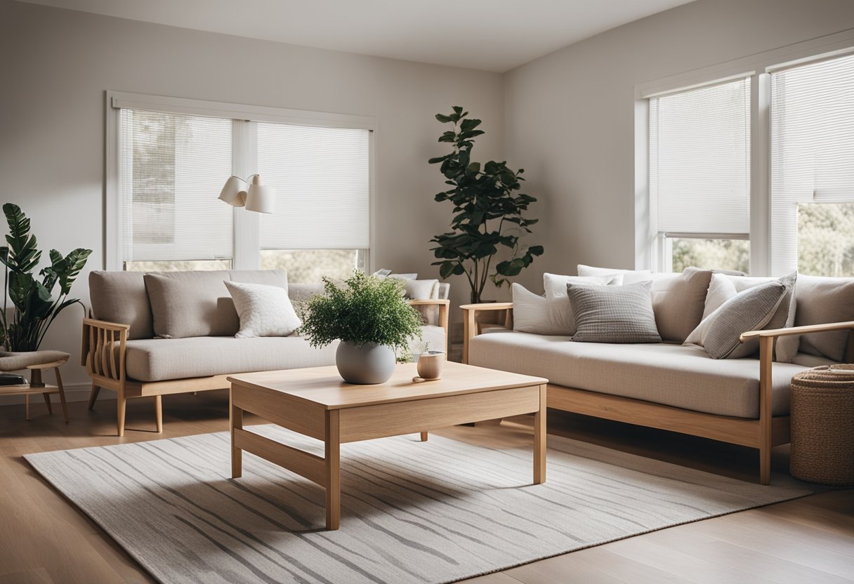 A cozy living room with clean lines, light wood furniture, and minimalist decor. Large windows let in natural light, highlighting the airy and spacious feel of the room