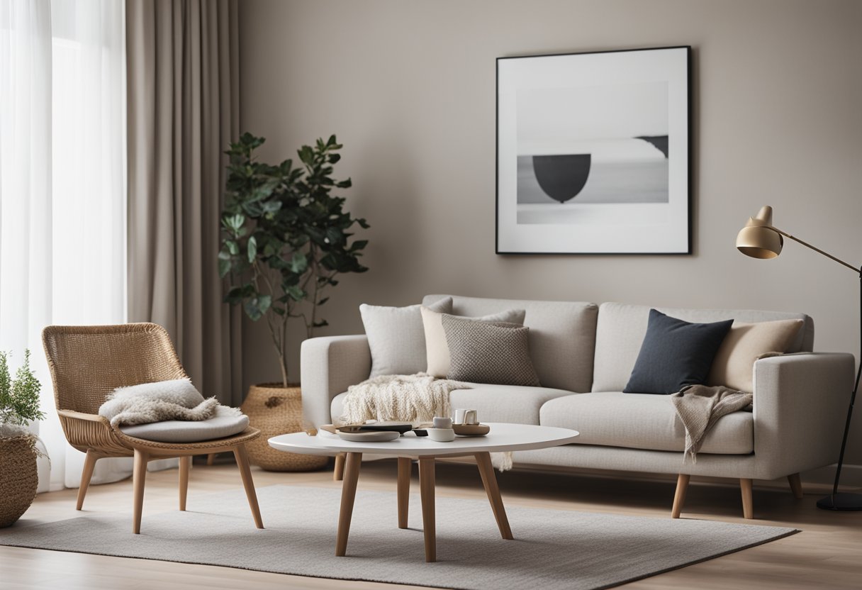 A sleek, minimalist living room with clean lines, neutral colors, and natural materials. A cozy reading nook with a Scandinavian-inspired armchair and a simple, elegant coffee table