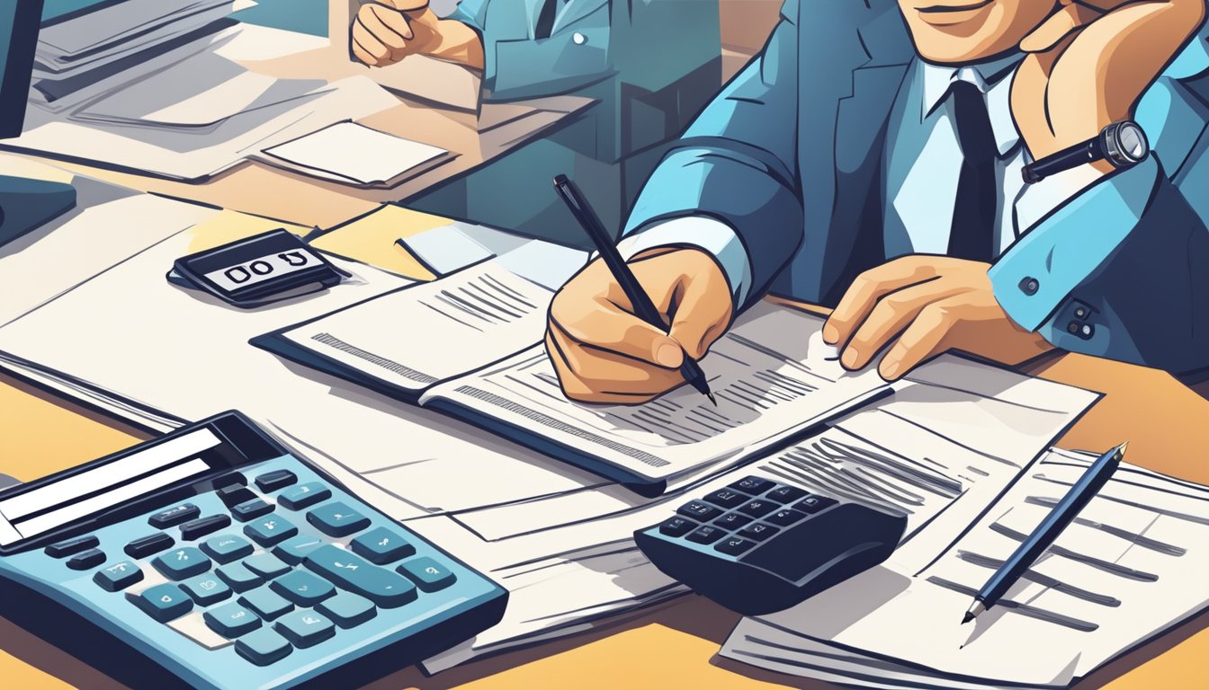 A person signing loan documents at a desk, with a calculator and paperwork spread out. A bank representative explains terms and repayment options