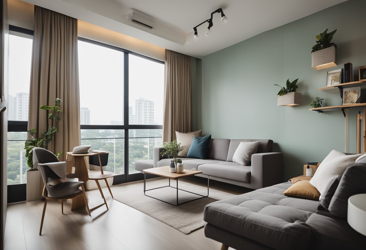 A cozy 4-room HDB flat with modern furnishings, neutral color palette, and ample natural light streaming through large windows