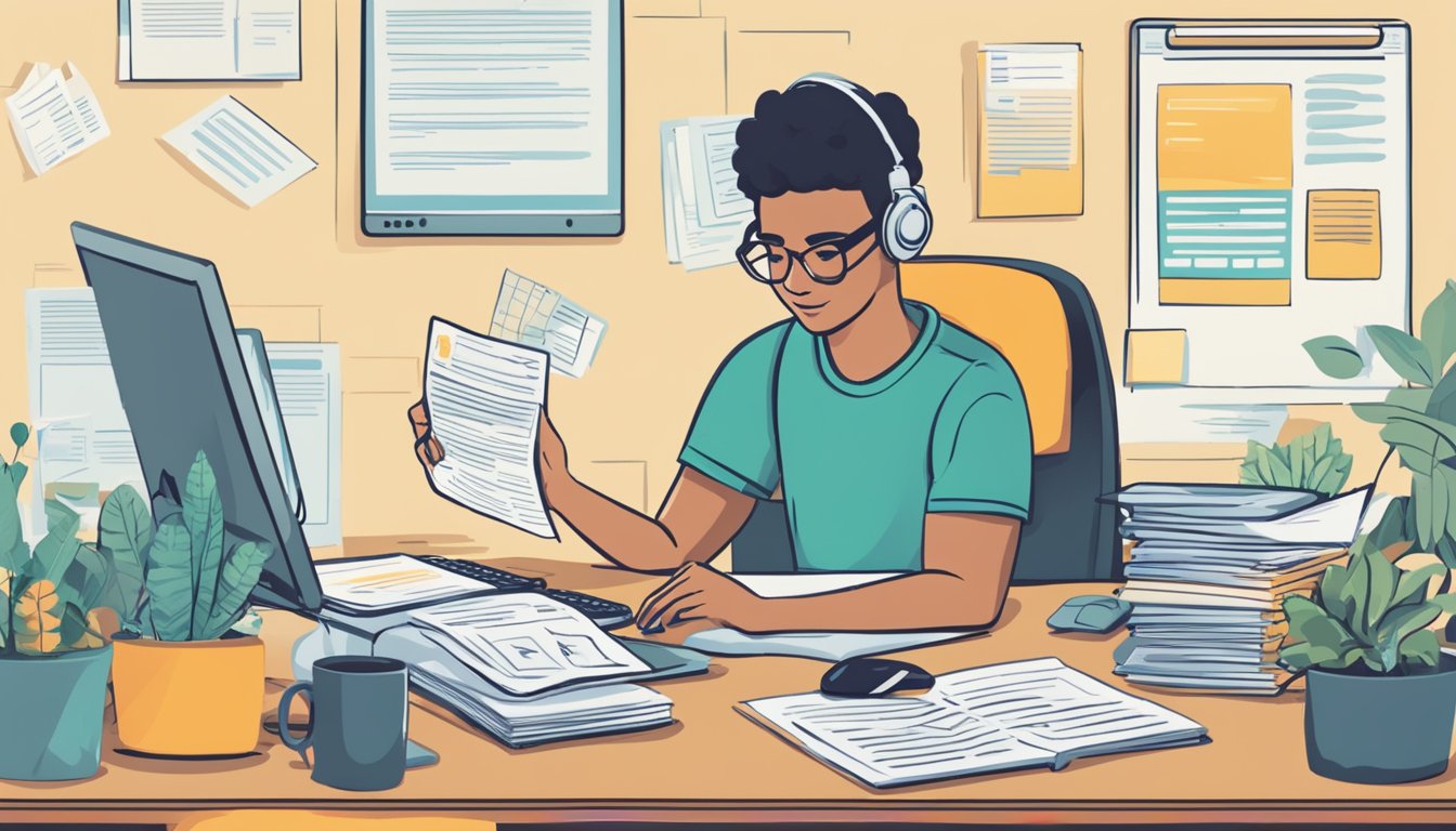 A person sitting at a desk, typing on a computer while surrounded by paperwork and a phone, with a sign reading "Frequently Asked Questions: Where to get personal loan easily" displayed prominently