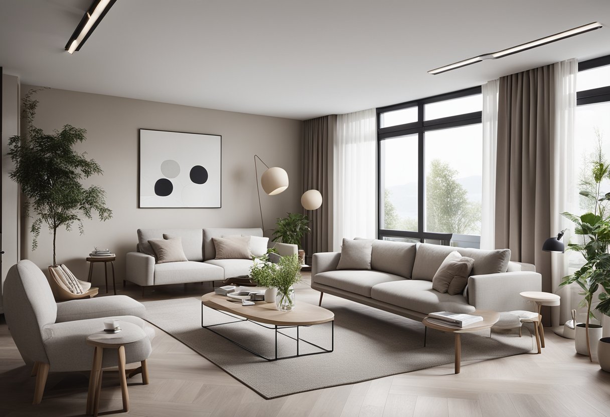 The 4-room flat interior features a modern, minimalist design with neutral colors, sleek furniture, and ample natural light. A spacious layout and strategic placement of decor create a harmonious and inviting atmosphere