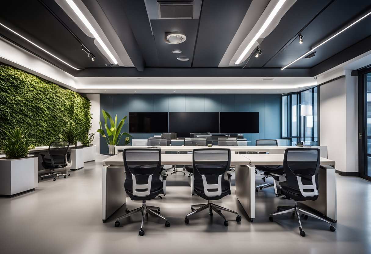 A modern office space with sleek furniture, vibrant color schemes, and innovative design elements. The space exudes sophistication and creativity, with a focus on functionality and aesthetic appeal