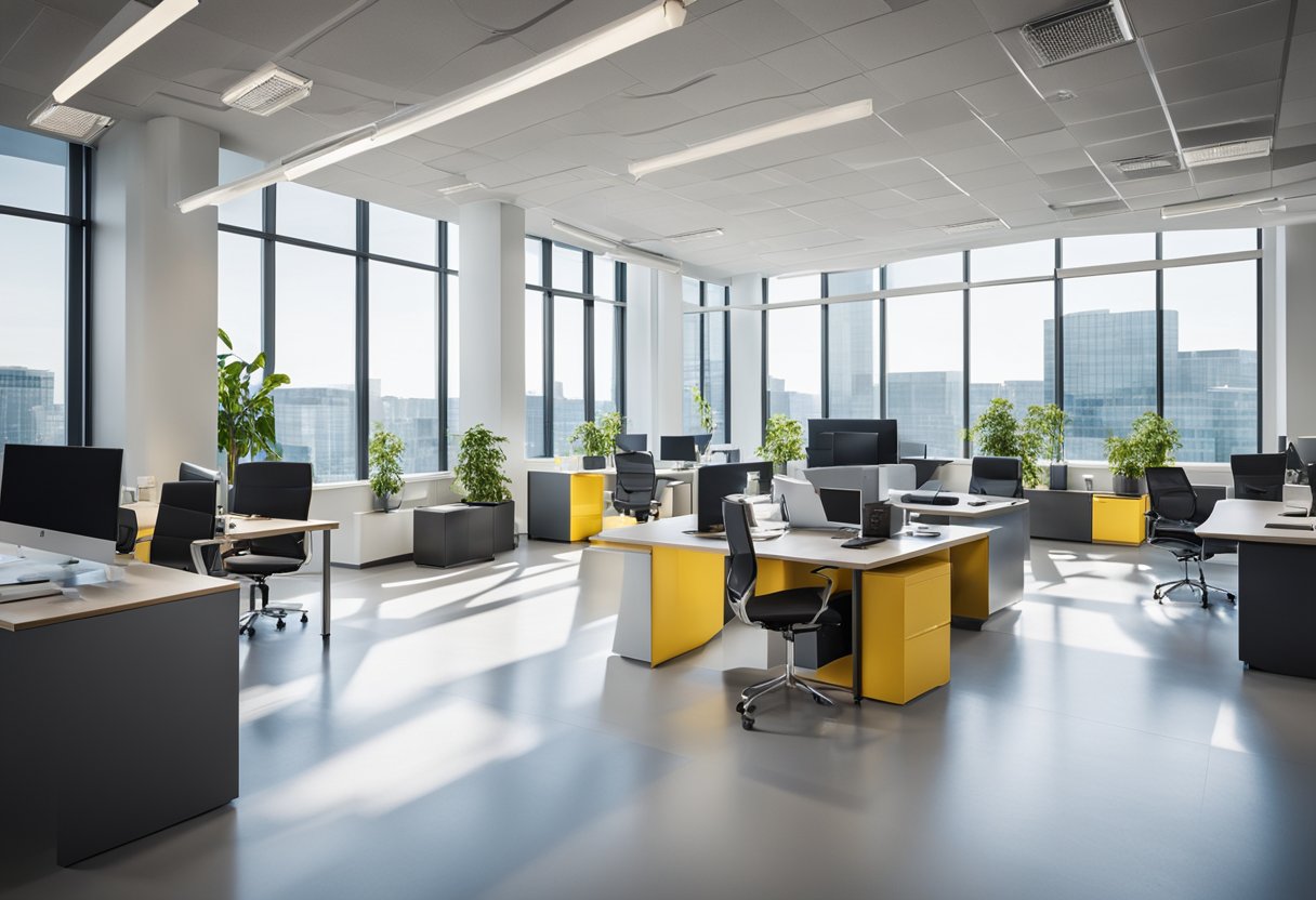 A spacious, modern office with sleek furniture, vibrant accent colors, and innovative design elements. Large windows allow natural light to fill the space, creating a welcoming and productive environment