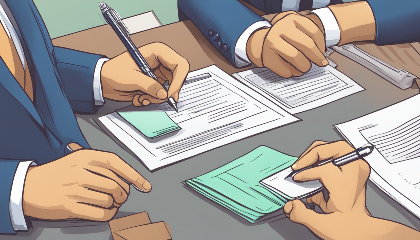 A person signing a loan agreement at a bank to start a business