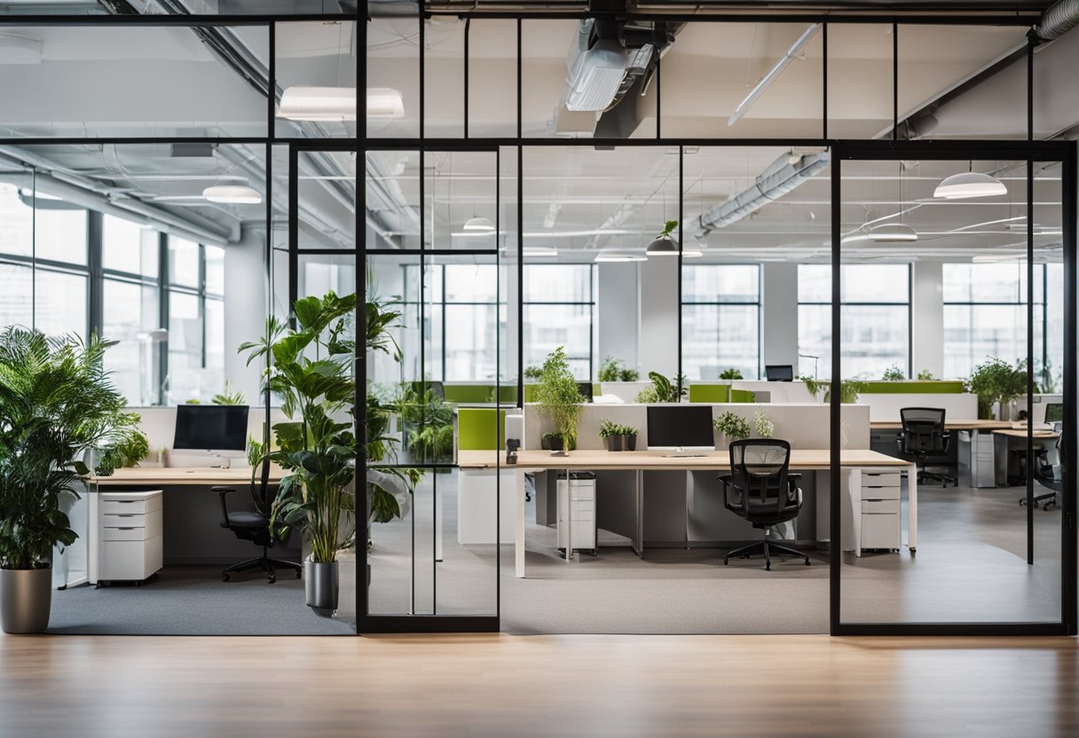 An open office space with modern furniture, vibrant color scheme, and ample natural light. Glass partitions separate work areas, and plants add a touch of greenery