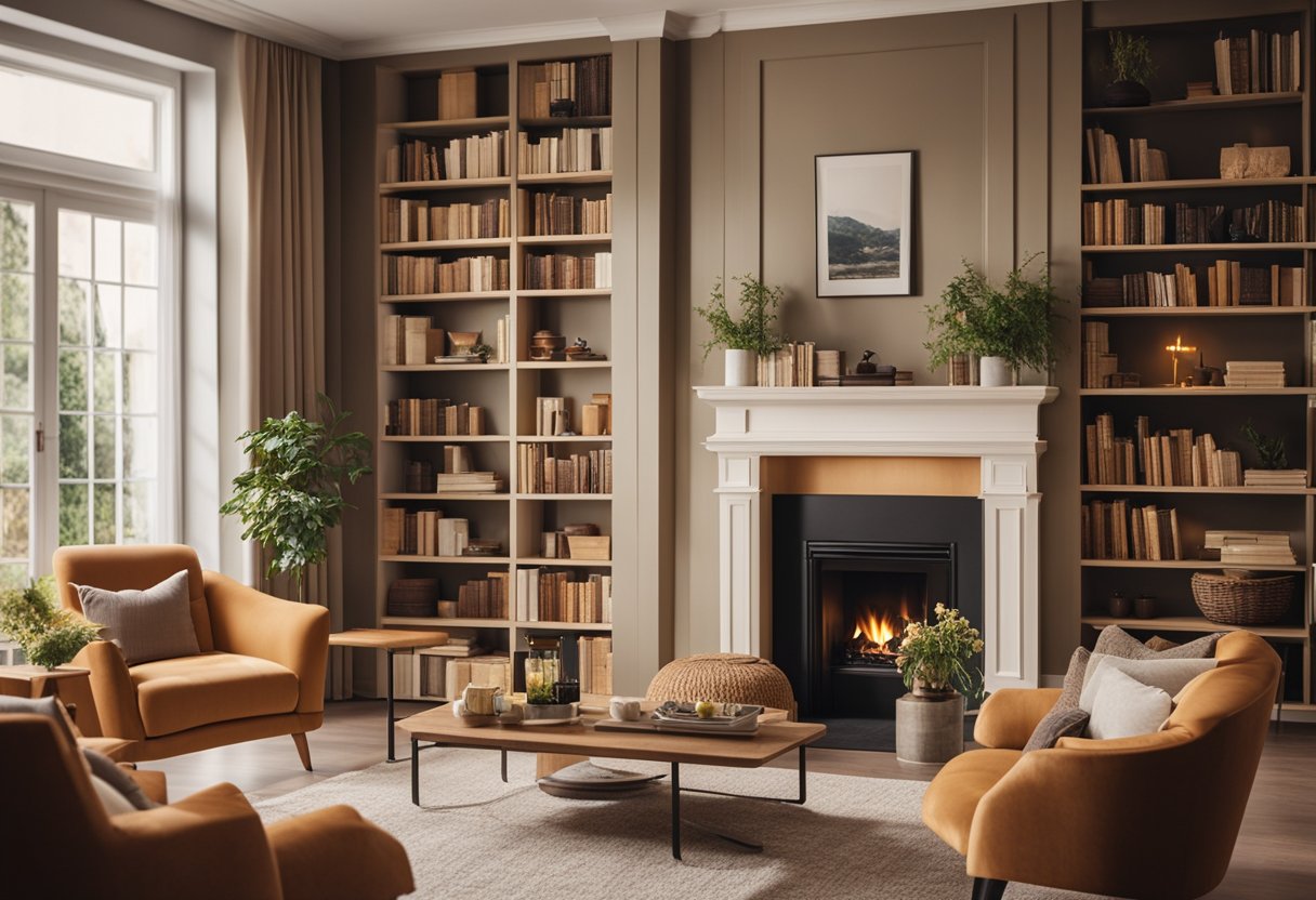 A cozy living room with a fireplace, bookshelves, and a large window overlooking a garden. Warm colors and comfortable furniture create a welcoming atmosphere
