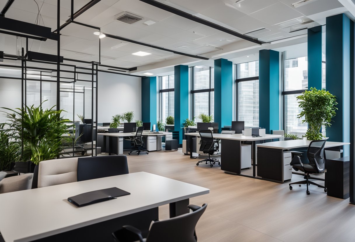 A modern office space with sleek furniture and vibrant accents, showcasing a professional yet inviting atmosphere for interior design fit out companies