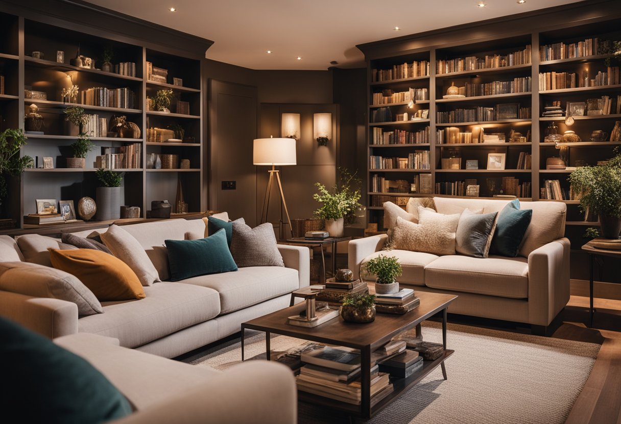 A cozy living room with a fireplace, plush sofas, and warm lighting. A bookshelf filled with books and decorative trinkets adds character to the space