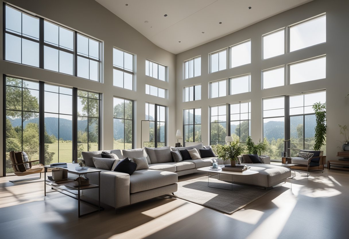 A spacious living room with high ceilings, large windows, and modern furniture arranged in a symmetrical layout. Bright natural light floods the room, casting shadows and highlights on the sleek surfaces