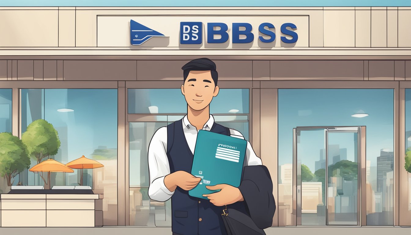 A foreigner holding a passport and visa, standing in front of a bank with a sign that reads "DBS Personal Loan Eligibility for Foreigners."