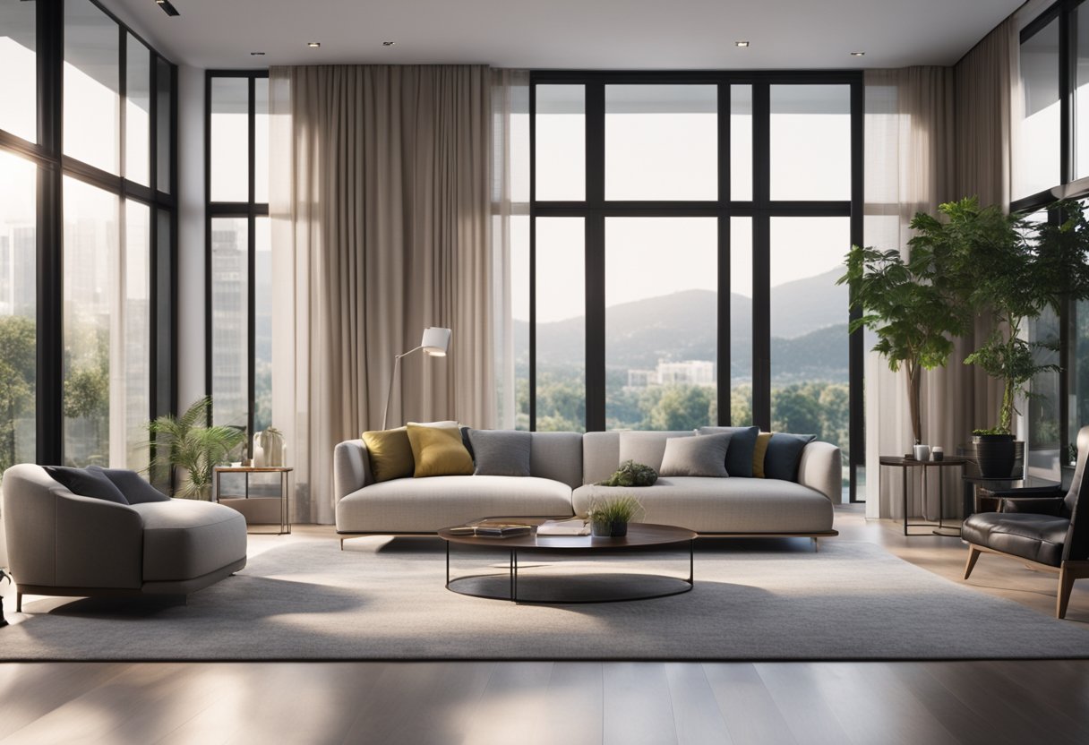 A modern living room with a minimalist color scheme, sleek furniture, and large windows letting in natural light